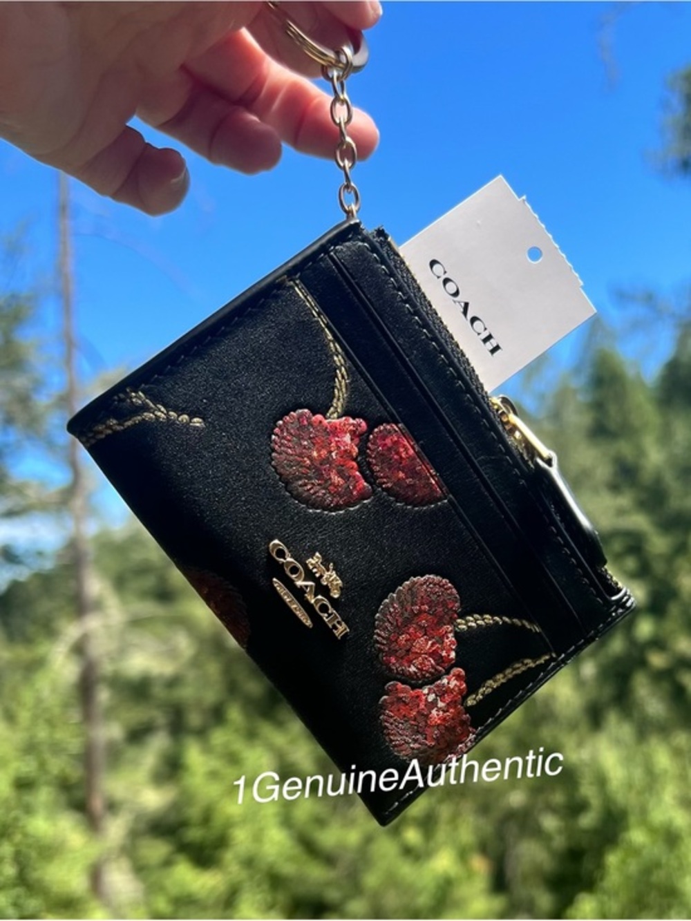 COACH Mini Skinny Id Case Leather Cardholder Wallet w Cherry Print NWT AUTHENTIC